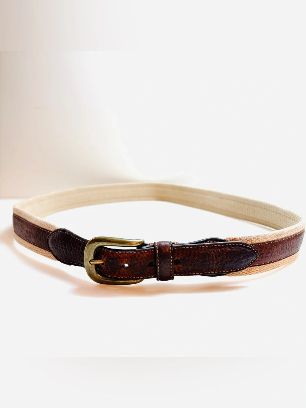 Columbia Canvas Belt Mens 38 Beige Brown Leather Trim Brass Buckle Preppy
